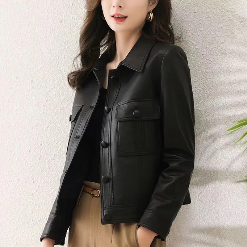 Lapel PU Leather Jacket Women 2024Spring Autumn New Coat Fashion Locomotive Goddess Overcoat High Quality Short Outerwear Female - Image 6