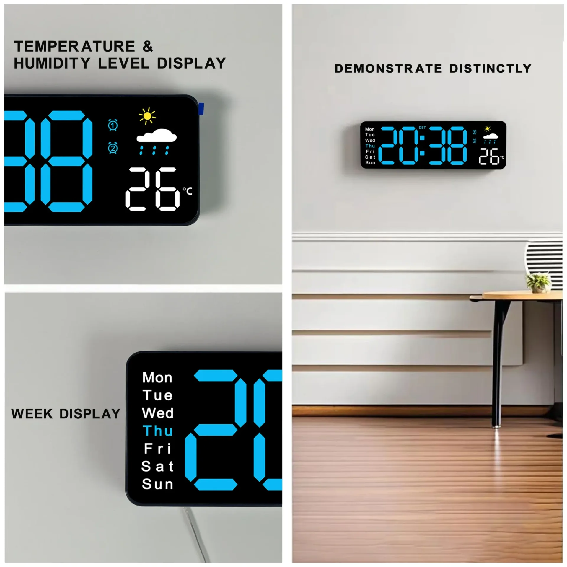 Digital Clock, 11"Display LED Wall Clock for Home Decor, Alarm, Timer, Automatic Brightness Dimmer Clock with Day/Date/Temp - Image 5