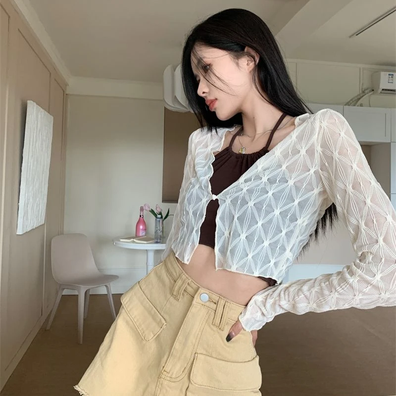 Summer Thin Sun-proof Cardigans Women Crochet Midriff-baring Tops Short Leisure All-match Y2k Korean Style Daily Slim Fashion - Image 4