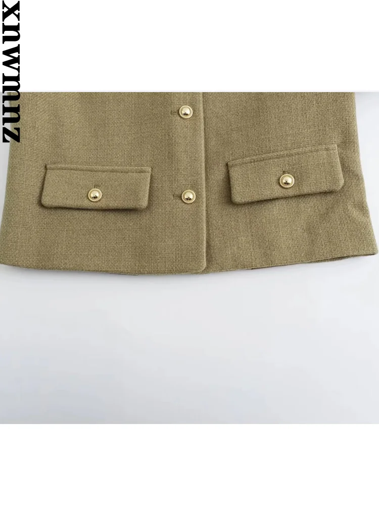 XNWMNZ Women's Fashion 2023 Autumn/Winter Flap Pocket Crop Jacket Women Vintage O Neck Long Sleeve Versatile Female Blazer - Image 6