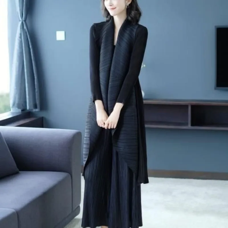 Luxury Pleated Coat New Turn Down Collar Long Sleeve Mid-length Trench Coat Oversized Windbreaker Cardigan High-end Chic Jackets - Image 3