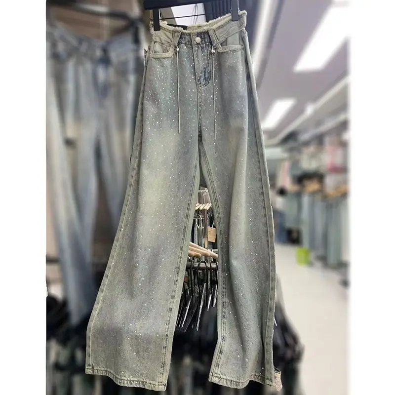 Heavy Embroidery Hot Drilling Starry Raw Hem High Waist Jeans Women's Summer Thin Loose Fashion Mop Wide Leg Pants - Image 5