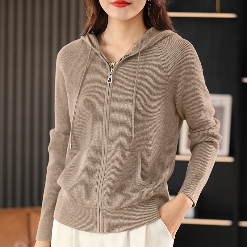 Women Autumn Winter Wool Blend Sweater Hooded Collar Thicken Knitted Zipper Cardigan With Pocket Basis Top Female Coat - Image 3