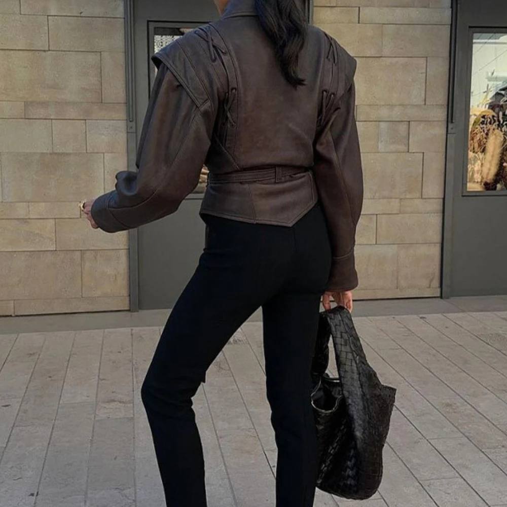 Suninheart Autumn and Winter Faux Leather Jackets for Women 2024 Chic Dropped Shoulder PU Jacket Coat Casual Office Lady Blouse - Image 5