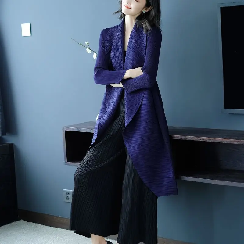 Luxury Pleated Coat New Turn Down Collar Long Sleeve Mid-length Trench Coat Oversized Windbreaker Cardigan High-end Chic Jackets - Image 5