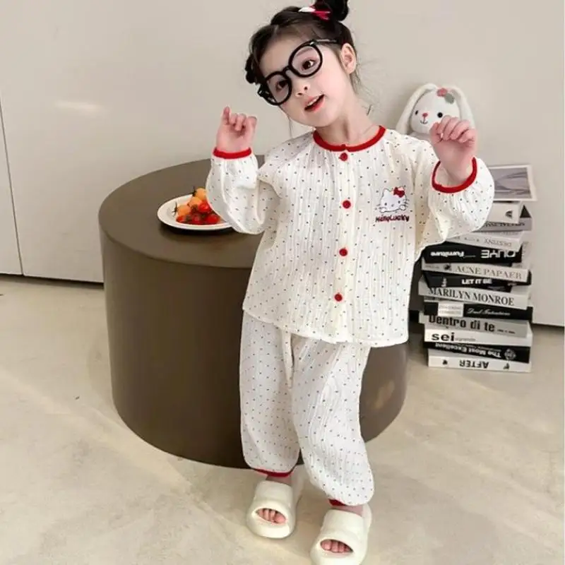 Sanrios Girls Pajamas Set Hello Kittys Spring Autumn Sky Cloud Cotton Long Sleeve Trousers Home Clothes Two-Piece Set Cartoon - Image 3