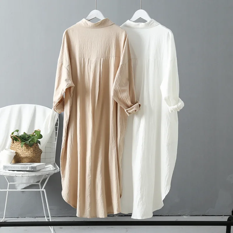 2024 Spring Casual Women's Blouses Korean Clothing Autumn Vintage Linen Cotton Mid-Length White Shirt Dress For Female Chic Tops - Image 4
