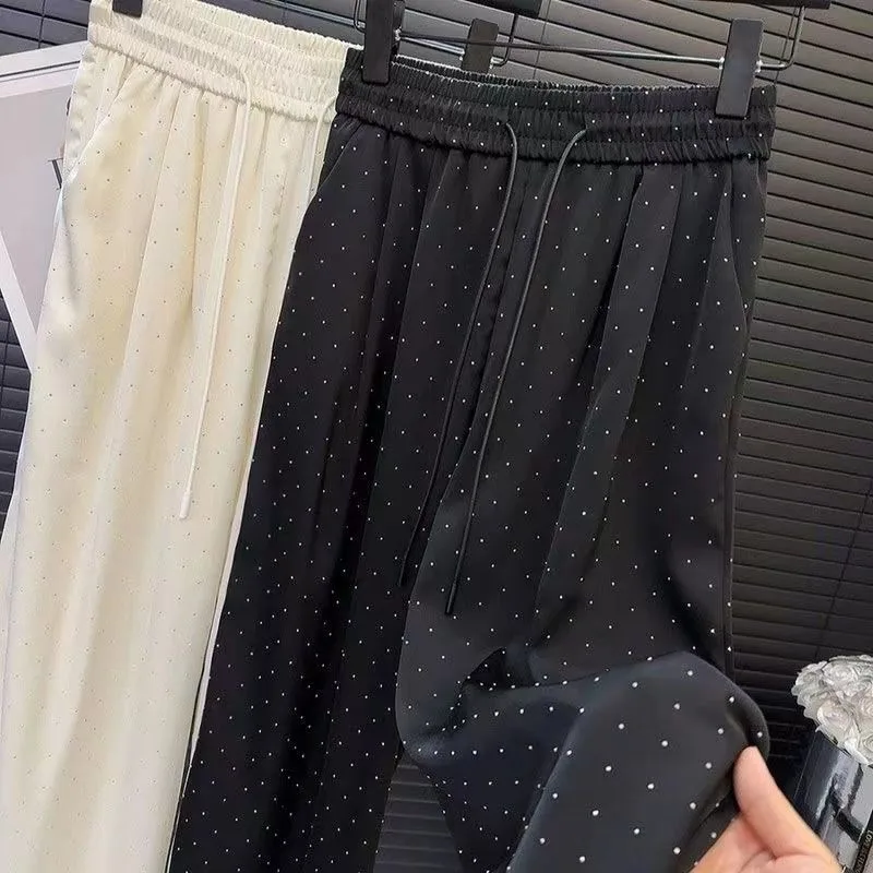 New Women High Waist Hot Diamonds Wide-legged Pants Summer Korean Chic Design Loose Straight-legged Pants Elastic Waist Trouser - Image 3