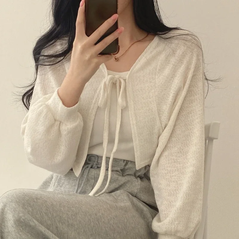 Thin White Cardigan Women Summer Sunscreen Lace-up Knitwear Tops Lady Korean Style Casual Lantern Sleeve Short Sun Protected Top - Image 4