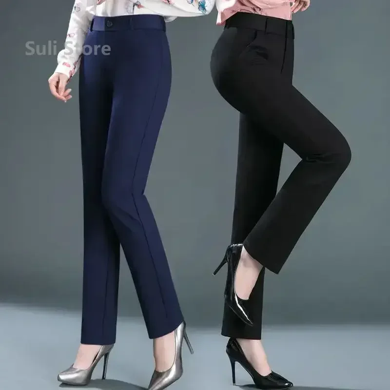 Spring Autumn Casual Button Elastic Mid Waist Black&Navy Blue Straight Trousers Office Lady Quick Drying Suit Pants Female - Image 2
