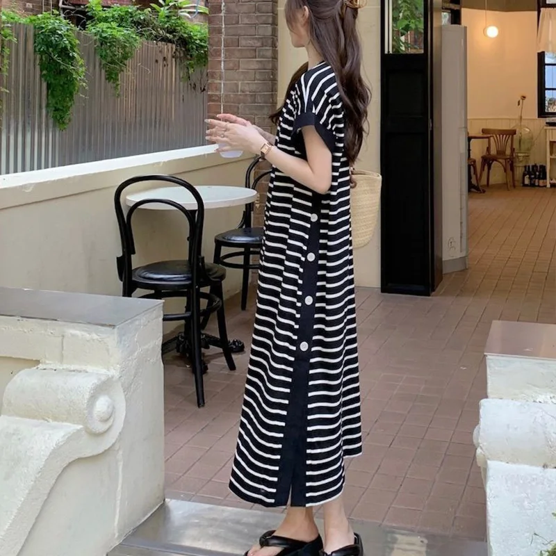 2024 New Casual Korean Striped O-neck Short Sleeve Long Dress Ladies Simplicity Patchwork Loose Tshirt Dress Women Clothing - Image 4