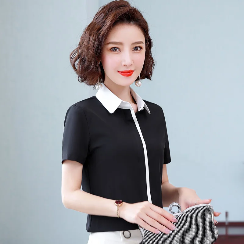 Summer New Women'S Short Sleeved Patchwork Temperament Chiffon Shirt Korean Fashionable Versatile Lapel Professional Top Female - Image 5