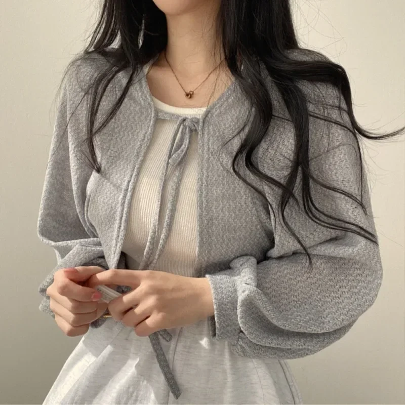 Thin White Cardigan Women Summer Sunscreen Lace-up Knitwear Tops Lady Korean Style Casual Lantern Sleeve Short Sun Protected Top - Image 3