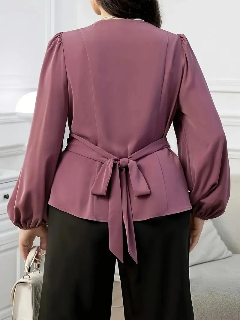 GIBSIE Plus Size Solid V-neck Wrap Tie Blouse Women Spring Fall Lantern Sleeve Elegant Office Ladies Ruched Blouses Shirts - Image 2