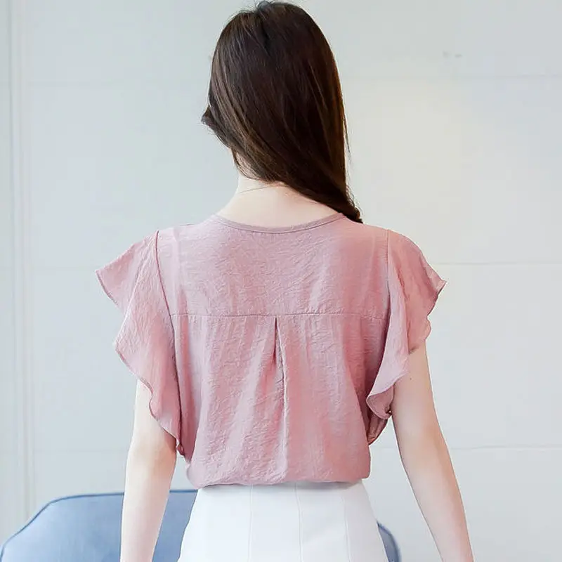 Female O-Neck Bow Lacing Hollow Out Solid Blouse Loose Oversize Flying Sleeve Patchwork Chiffon Shirt Women's Summer Clothing - Image 6