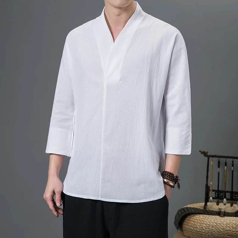 Shirts Men Solid Pullover V Neck Three Quarter Mens Kimono Shirts Traditional Streetwear Blouse Chinese Style Linen Shirts Man - Image 6
