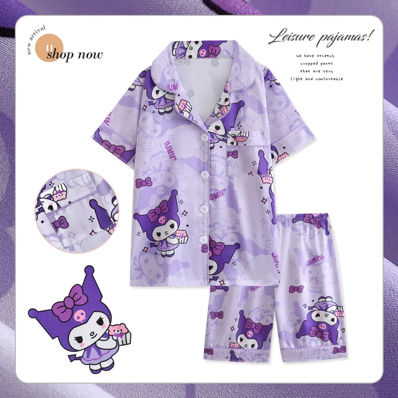 Girls Ice Silk Pajamas Set Children's Sanrio Hello Kitty Cartoon Turn-down Collar Short Sleeve Top + Shorts 2Pcs Kids Nightwear - Image 4