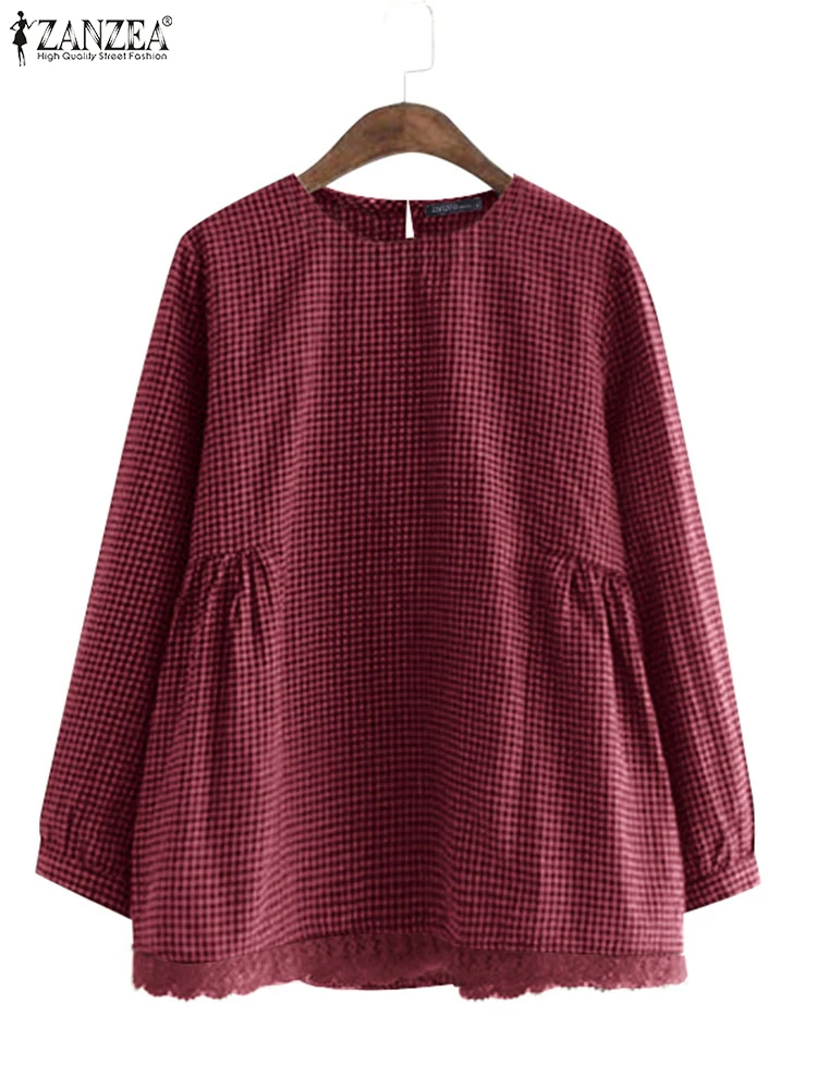 ZANZEA Women Casual Plaid Blouse Korean Lace Patchwork Tops Shirt 2024 Autumn Loose Long Sleeve Tunic Harajuku Round Neck Blusas - Image 3