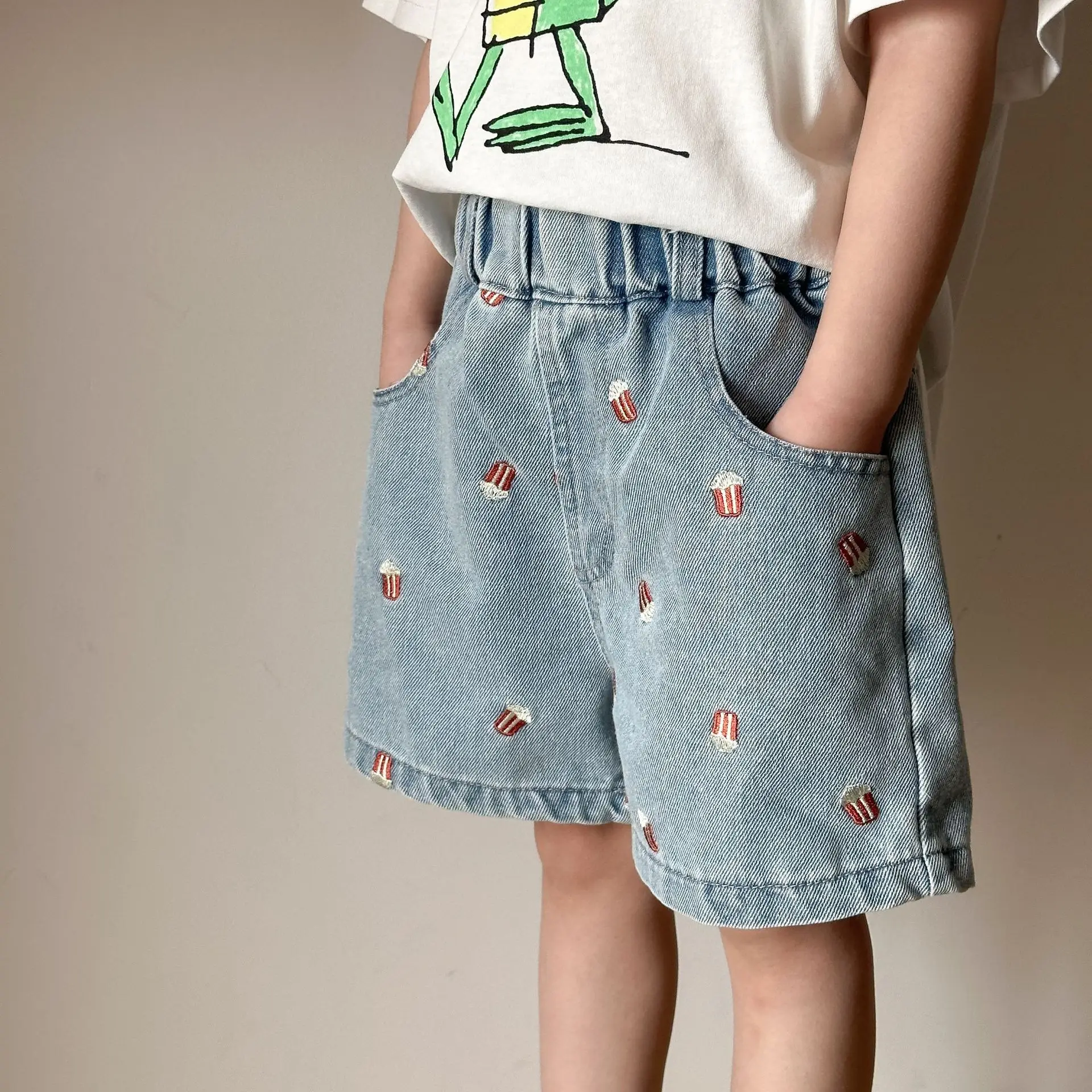 2025 Summer Kids Denim Shorts for Boys Girls Popcorn Embroidery Elastic Waist Casual Knee Length Pants - Image 4