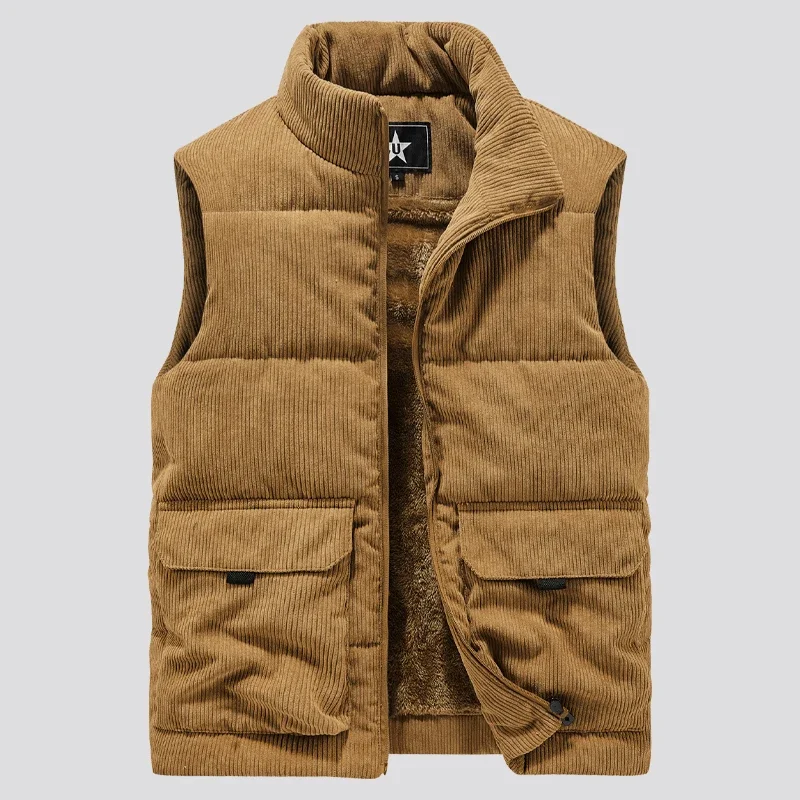 Men Stand Collar Army Thicken Waistcoats Clothing Mens Sleeveless Corduroy Vest Winter Male Classic Fleece Warm Vests Coats - Image 5