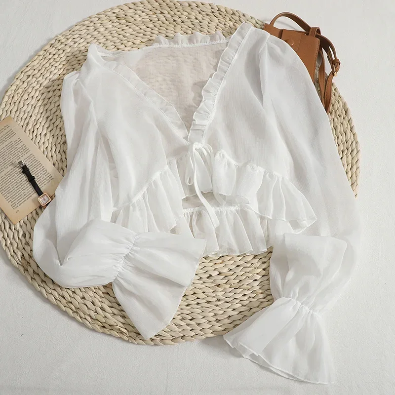 2025 Flounce Chiffon Sunscreen Shirt Women Summer Ice Silk Solid Thin Sweet Ruched Flare Sleeve V-neck Cardigans Female - Image 4