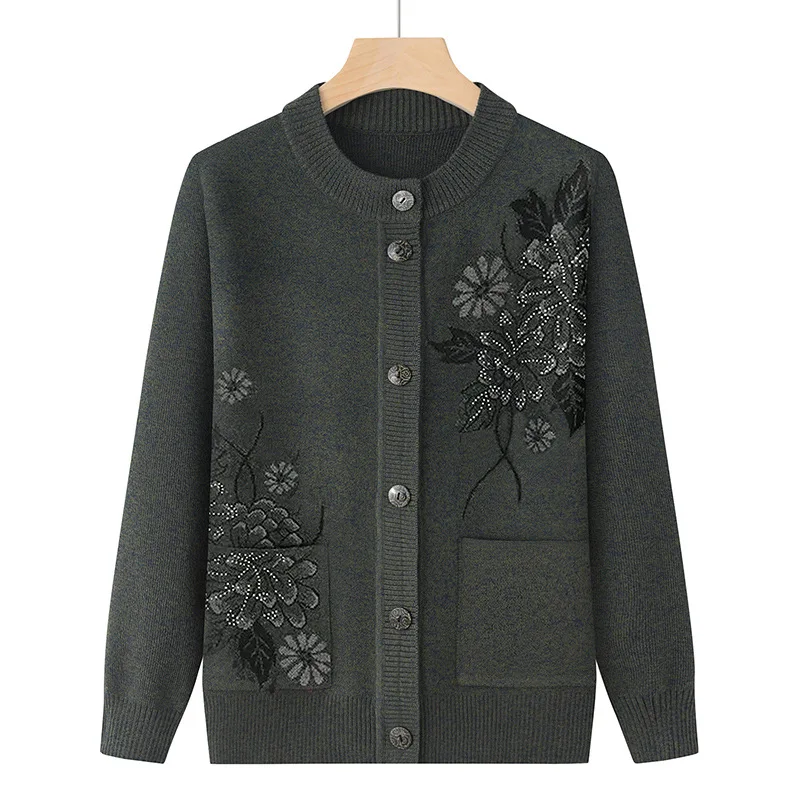 Korean Women's Clothes New Knit Woolen Printed Cardigan Coat Middle Aged Mother Knitwear Tops Vintage Grandma Sweater Jacket - Image 3
