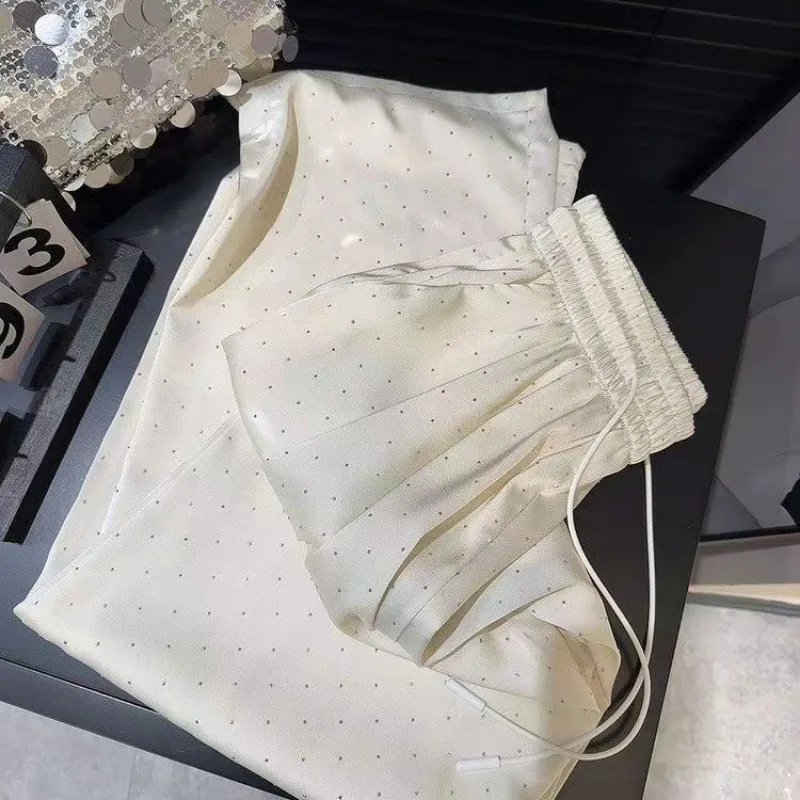 New Women High Waist Hot Diamonds Wide-legged Pants Summer Korean Chic Design Loose Straight-legged Pants Elastic Waist Trouser - Image 4
