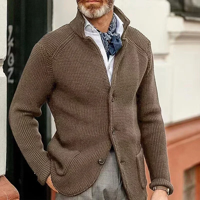 Men's Thicken Knitted Cardigan Sweater Autumn Winter Solid Color Fashion Slim Long-sleeved Stand-up Collar Knitting Jacket Coat - Image 5