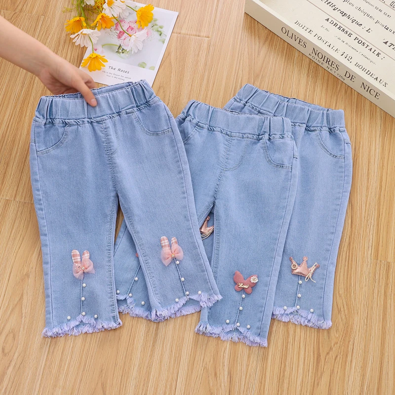 7/10 Pants LengthSpring Autumn Children Jeans Girls Cotton Print Splice Stretch Denim Pants Korean Teenage Kids Clothing - Image 2