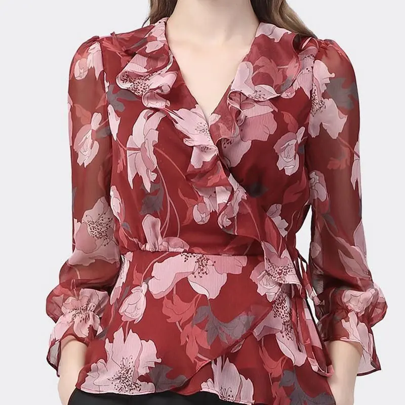 Elegant V-Neck Blouse Fashion Ruffles Spliced Spring Summer Waist Drawstring Women's Clothing Commute Vintage Asymmetrical Shirt - Image 3