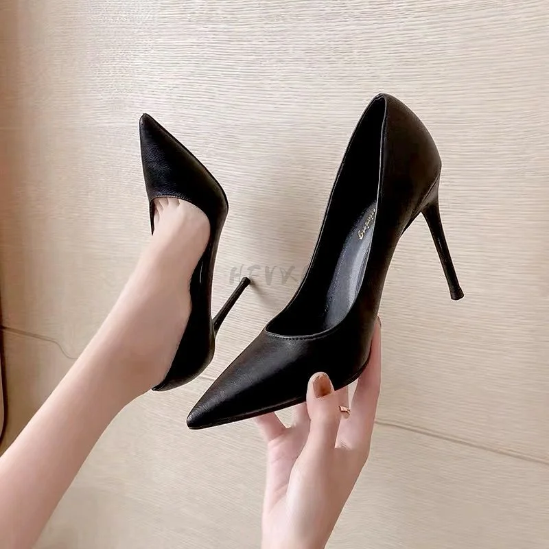New Soft Leather Black Professional High Heels Female Stiletto All-match Flight Attendant Single Shoes Work Shoes - Image 3