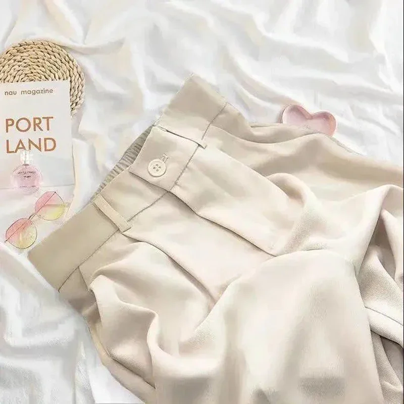 Women Fashion Suit Pant High Waist Casual Loose Straight Solid Trouser Office Lady Streetwear Button Up Elastic Nine Points Pant - Image 4