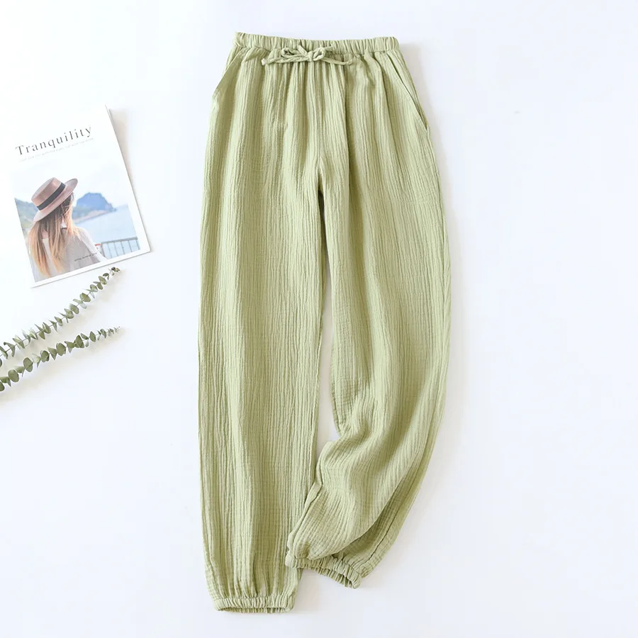Japanese-style New Spring And Summer Women's Trousers 100% Cotton Crepe Cloth Large Size Color Tie Pants Casual Pants Home Pants - Image 3