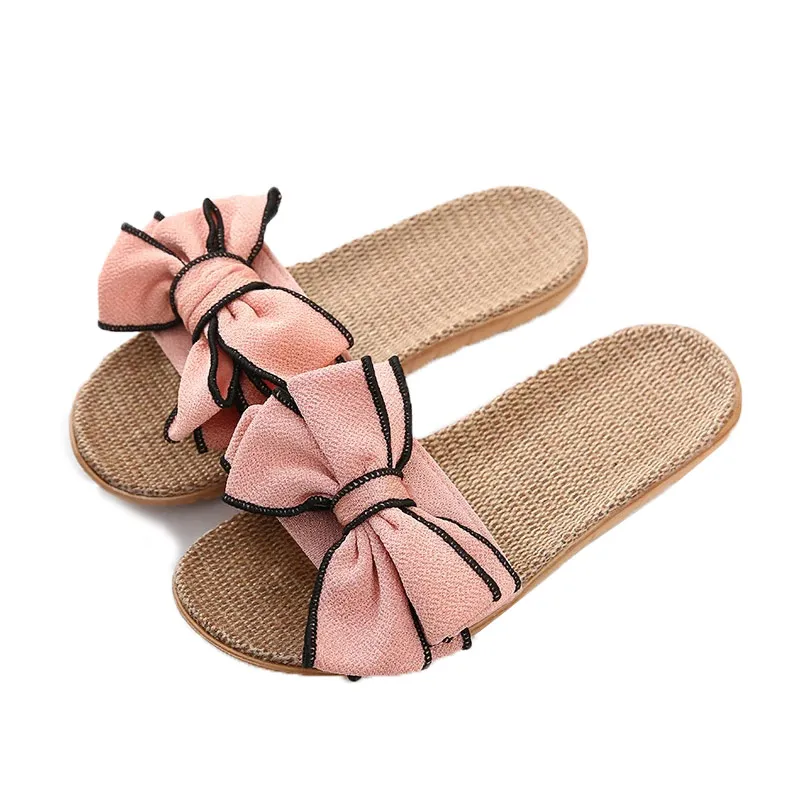 Mntrerm 2024 New Casual Sneakers For Home Slippers Summer Bow-knot Soft Floor Woman Indoor Flats Shoes Cute Linen Slipper Terlik - Image 6