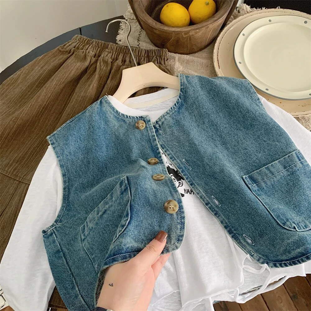 2024 Spring New Kids solid color denim waistcoats Boys and girls vintage all-match outerwear Tops Vest - Image 3