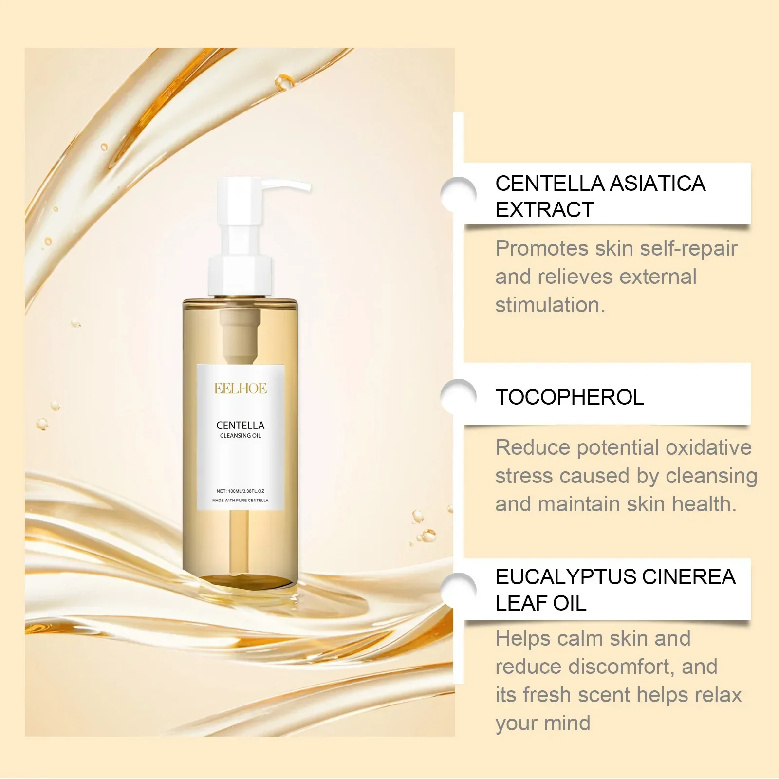3PCS Cleansing Remover Oil Facial Makeup Remover Moisturizing Face Refresher Cleaning Centella Asiatica Extract Vitamin E Oil - Image 3