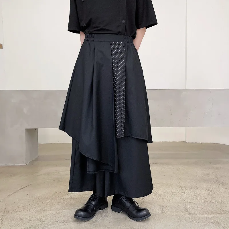 2023 Men Black Irregular Pants Japanese Style Men Fashion Instagram Mixed Wind Kendo Samurai Culottes Party Dress Trousers - Image 2