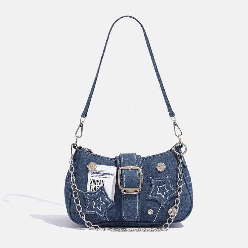 Y2k Fashion Women's Handbags Stars Pattern Cool Girls Underarm Bag Vintage Canvas Female Small Shoulder Bags Chain Tote Purses - Image 2