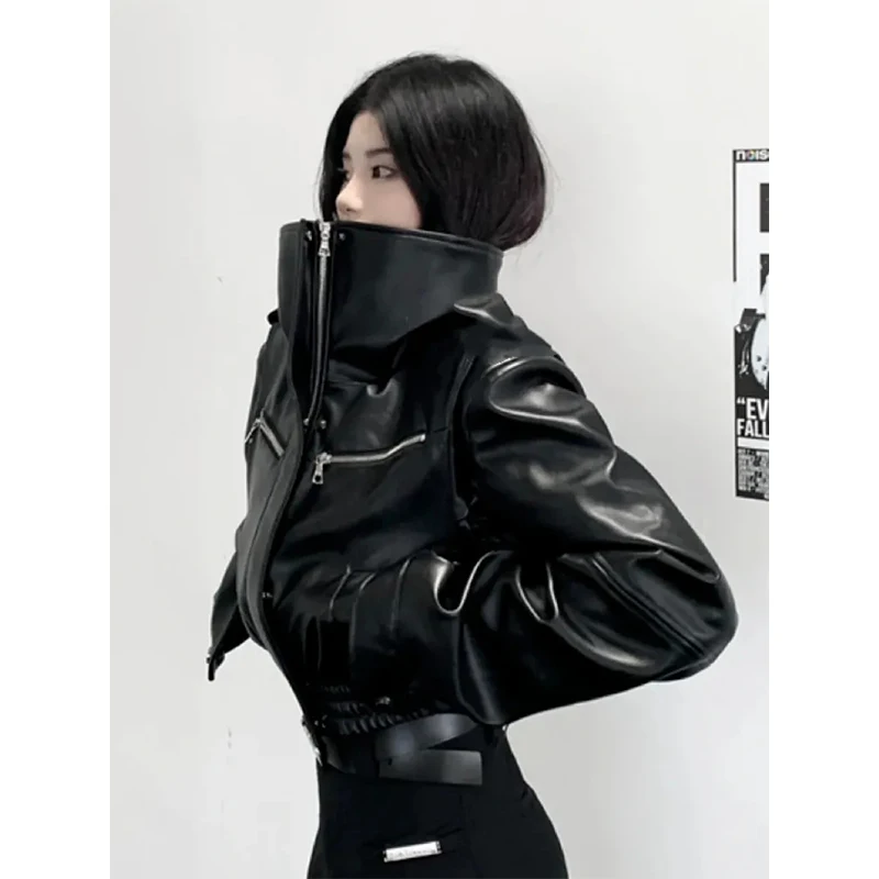 MEXZT Cropped Pu Leather Jackets Women Black Motorcycle Short Coat Streetwear Vintage Korean Loose Casual All Match Outerwear - Image 2