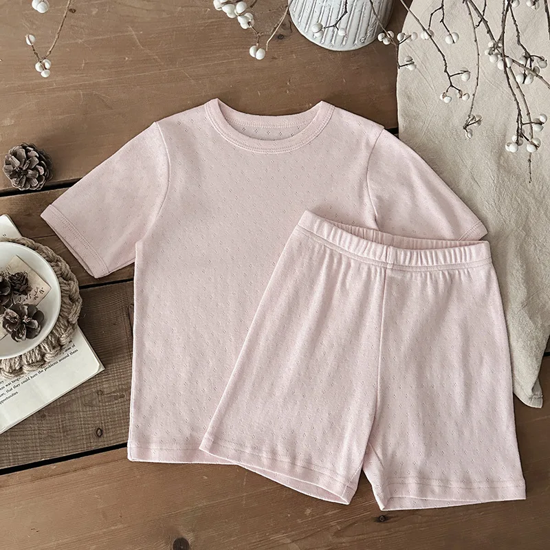 2025 A - Class Soft Cotton Solid Color Ribbed Home Pajamas Set for 0 - 4 Years Ins Style Breathable Boys Girl Home Wear Suit - Image 3