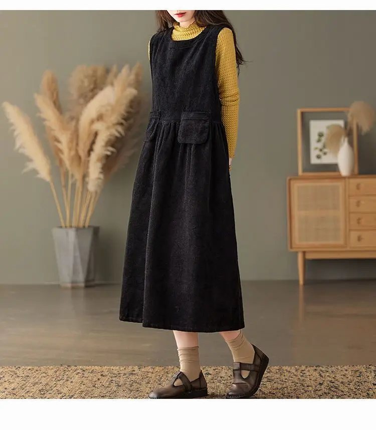 Corduroy Strap Dress for Women 2024 Autumn/Winter New Style Retro Style Small Loose Medium Length Tank Top Skirt - Image 4