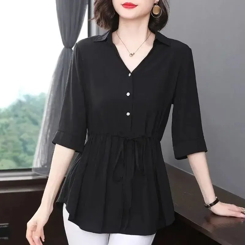 Women's V-Neck Short Sleeve Shirts, Elegant Tops, All-match, Simple, Casual, Simplicity, Office, Summer Clothes, Fashion - Image 5