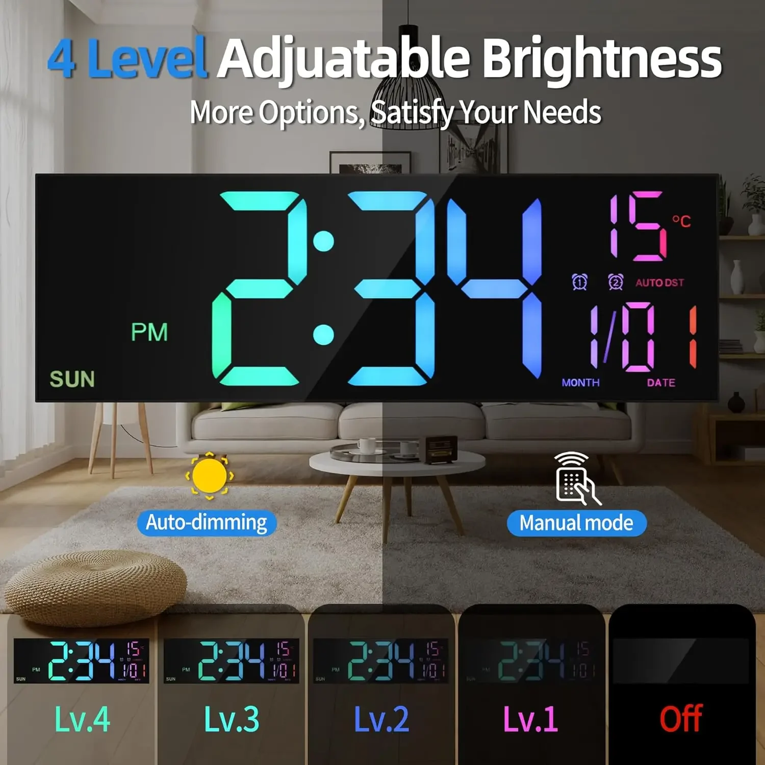 16.2'' Large Digital Wall Clock with Remote Control Big LED/Dual Alarm/8 RGB Colors Digital Alarm Clock Electronic Watch - Image 4