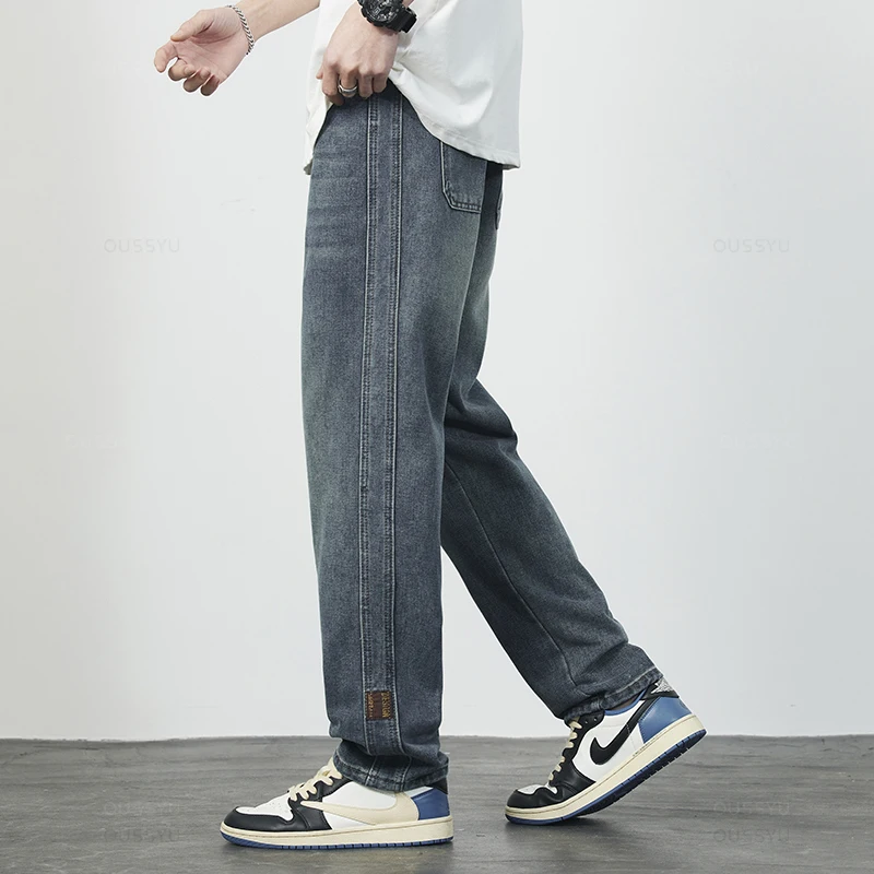 High Quality Cozy Cotton Fabric Men's Jeans Straight Denim Pants High Street Streetwear Korea Retro Blue Trousers Dropshipping - Image 4