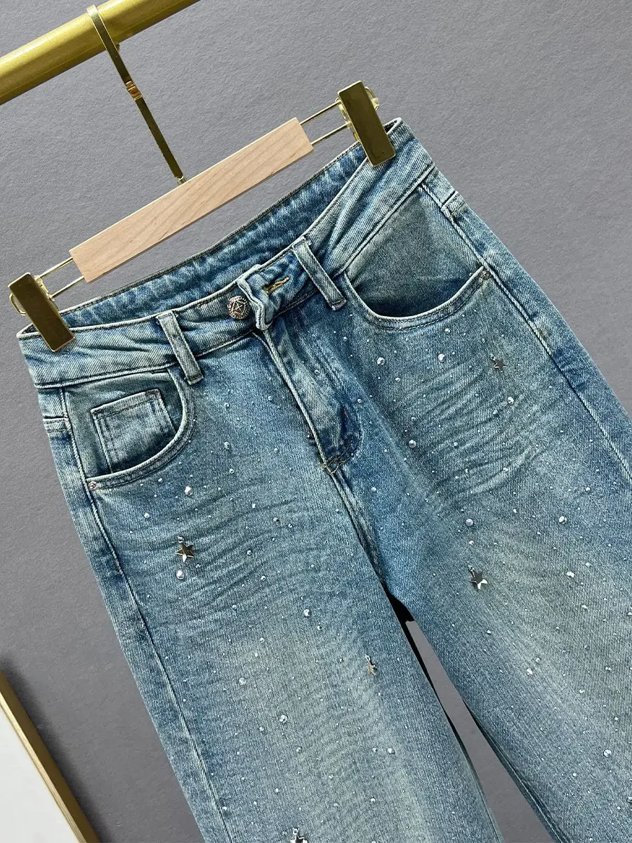 Rhinestone XINGX Pendant Design High Waist Wash Jeans Women's Summer Loose Slimming and All-Matching Straight-Leg Pants - Image 3
