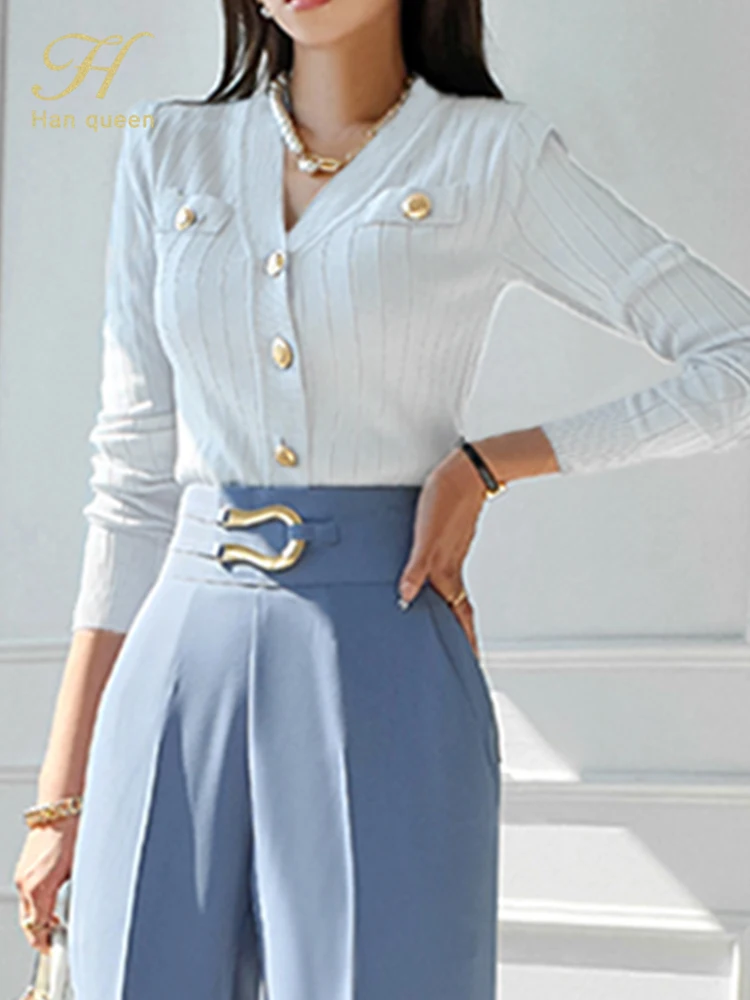 H Han Queen Korean Chic V-Neck Knitted Cardigan Sweater For Women Casual Basic Long Sleeve Cardigans Autumn Vintage Sweaters Top - Image 5