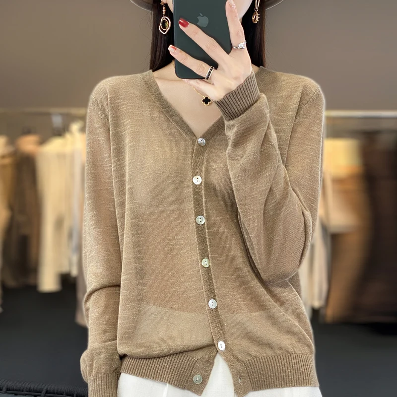 Summer Sunscreen Ice Silk Cardigan Women's V-Neck Long Sleeve Loose Knitted Top Solid Transparent Cardigan Air Conditioned Shirt - Image 5