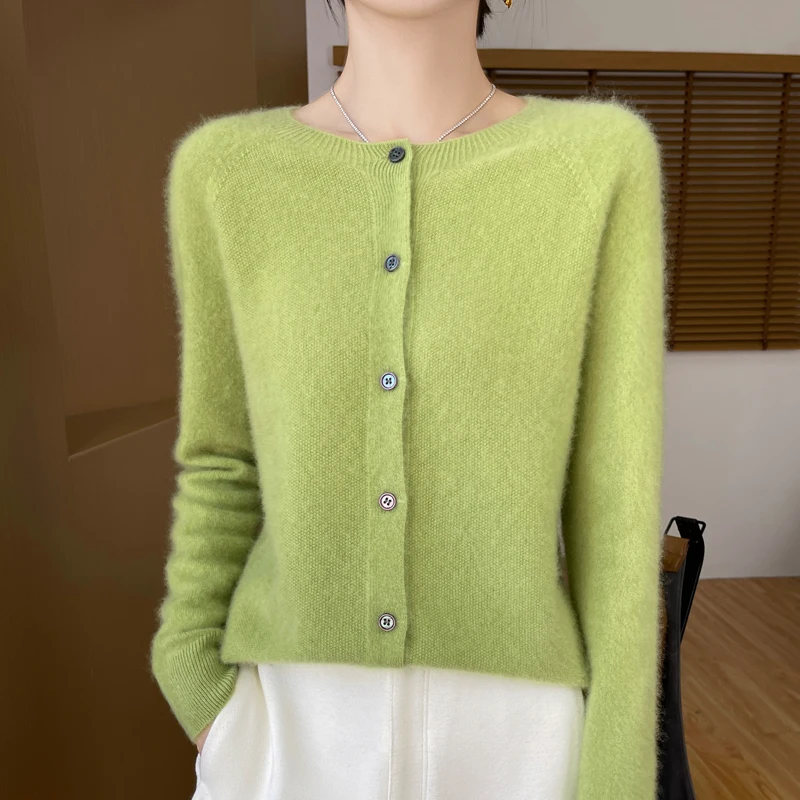 100% Merino Wool Long Sleeve Sweaters Cashmere Cardigan Spring Autumn Women O-Neck Knitwear Tops Clothing Fashion Basic Tops - Image 4