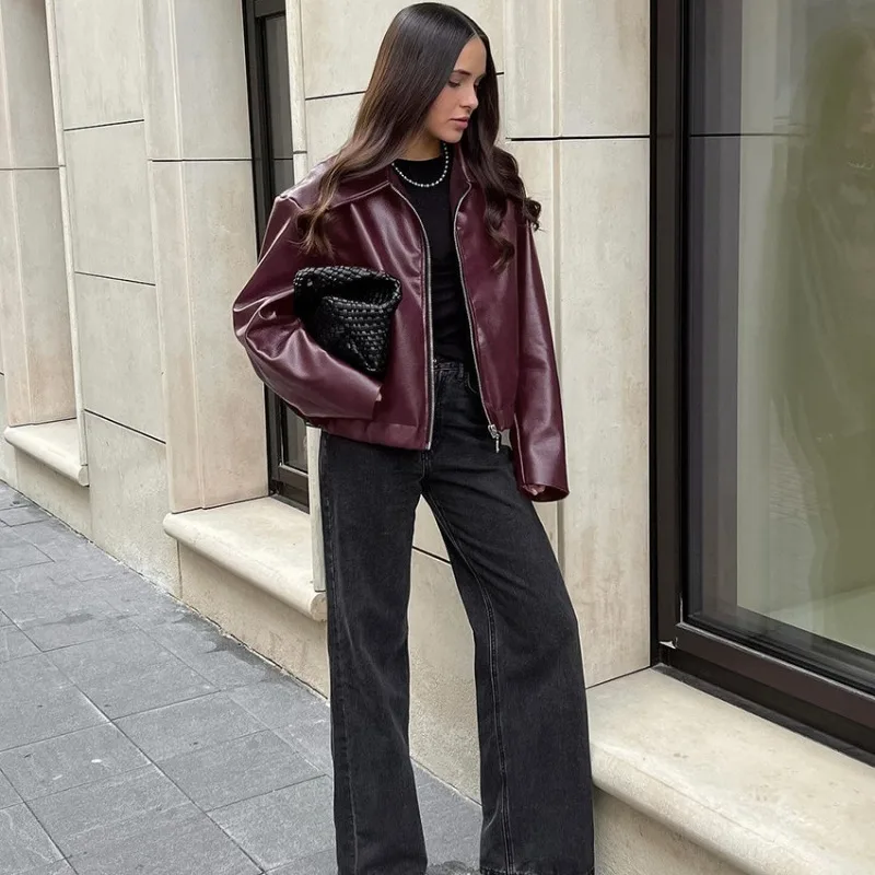 Angola Red Jacket Leather Motorcycle Street Fashion 2024 Autumn and Winter New Top Women's Elegant Coat - Image 2