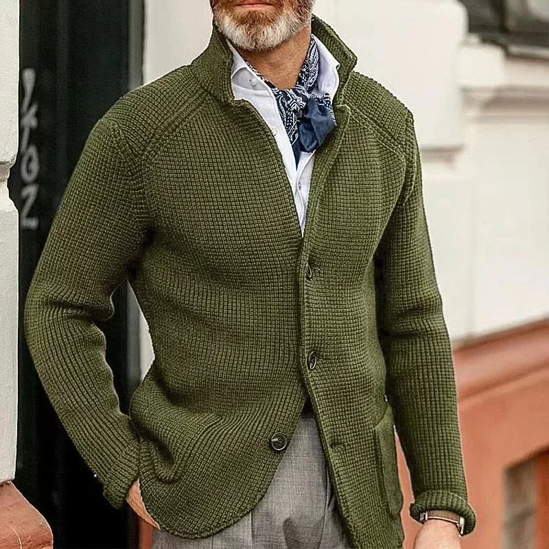 Men's Thicken Knitted Cardigan Sweater Autumn Winter Solid Color Fashion Slim Long-sleeved Stand-up Collar Knitting Jacket Coat - Image 4